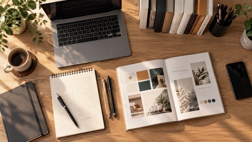 Vue de dessus d'un bureau : carnet de croquis d'interface, planche de tendances et nuancier de couleurs